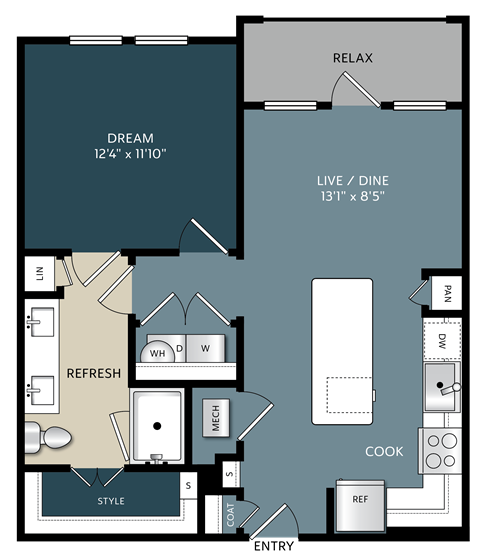 Floor plan for 1 bed, 1 bath, 669 sqft